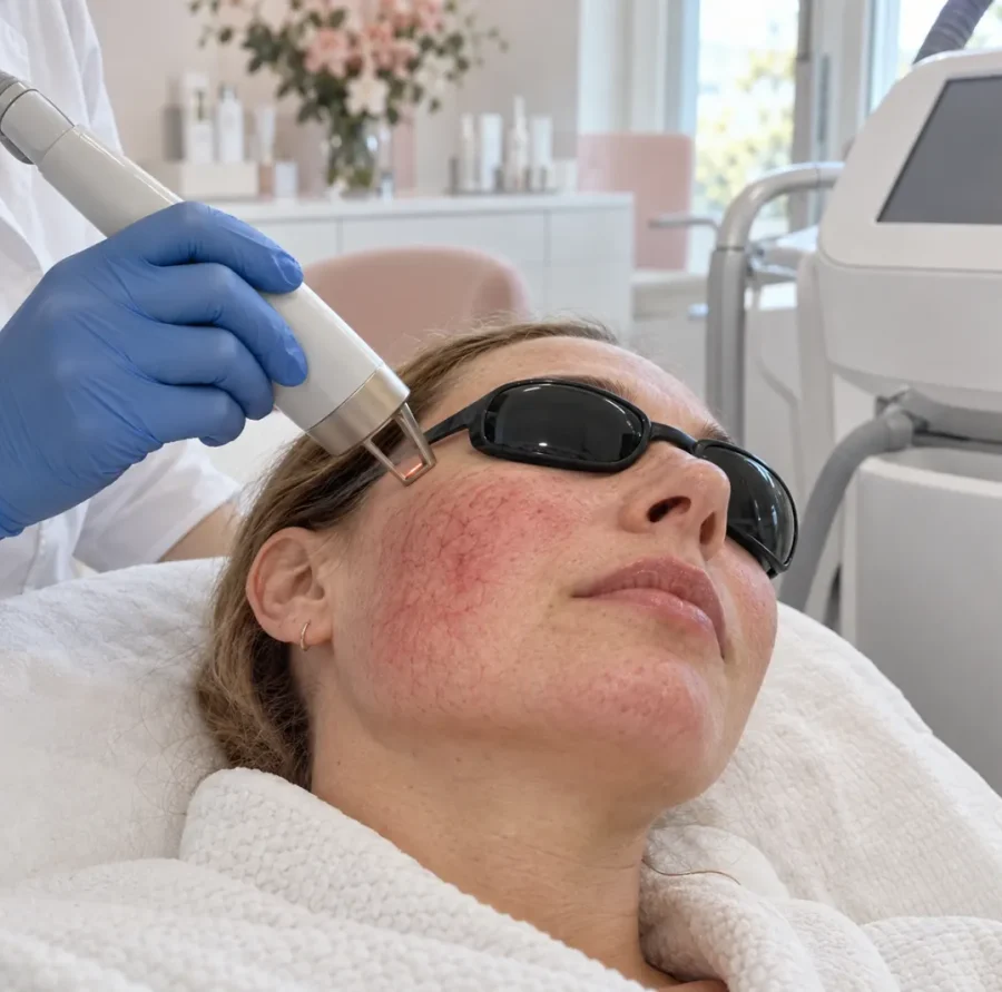 Laserbehandlung der geröteten Wange einer Patientin mit Laserschutzbrille in der Hautarztpraxis